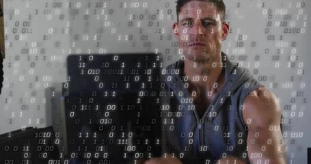 Animation of processing data over caucasian man using rowing machine at gym