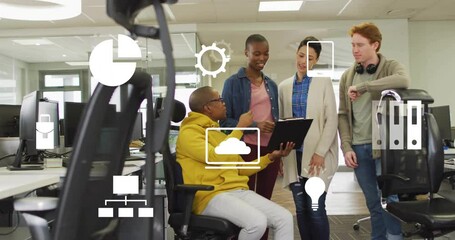 Animation of icons and financial data processing over diverse business people in office - Powered by Adobe