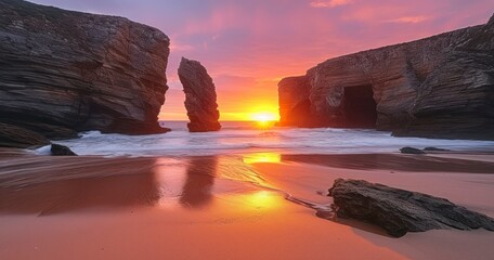 Majestic Rock Formations Watch Over a Serene Sunset and Gentle Beach Waves