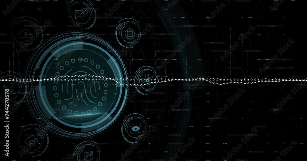 Aufkleber animation of fingerprint and scope scanning over data processing