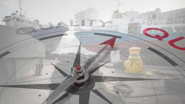 Animation of compass with arrow pointing to quality text over boats in harbour
