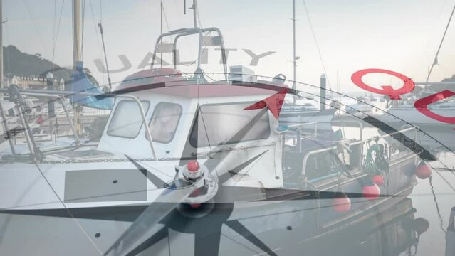 Animation of compass with arrow pointing to quality text over boat in harbour