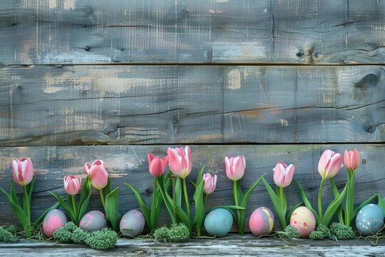 Tulips and painted eggs on vintage wooden planks Creating a nostalgic and warm easter background
