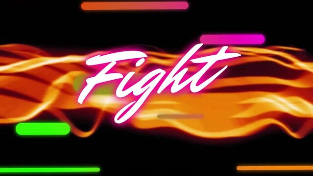 Animation of fight text in glowing pink over colourful lines and orange waves on black