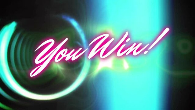 Animation of you win text in glowing pink over blue circular tunnel and green wave on black