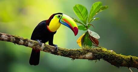 Witnessing the Colorful Keel-Billed Toucan Among the Verdant Forests of Central America - obrazy, fototapety, plakaty