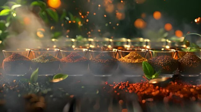 Variety of Exotic Spices on Display in Bowls with AI generated.
