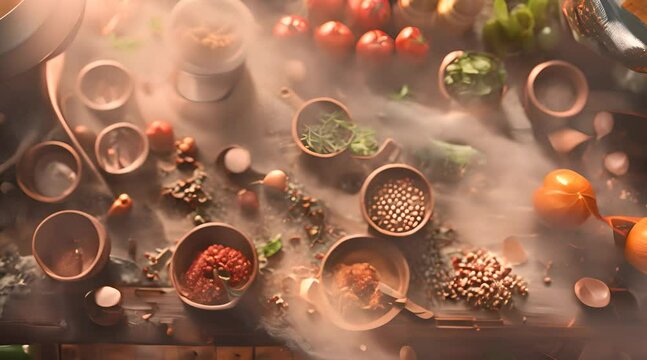 Assorted Spices and Herbs for Cooking on Table with AI generated.
