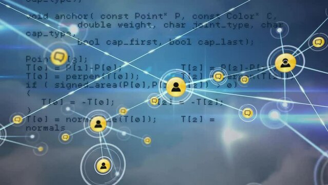 Animation of network of connections with icons over data processing and clouds