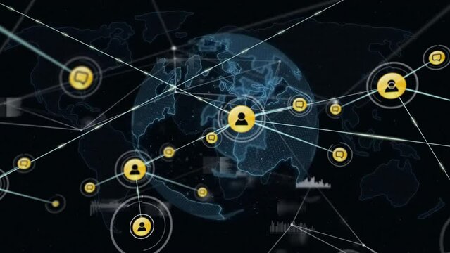 Animation of network of connections with icons over globe