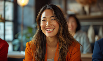 Portrait of a young asian woman smiling in the office. Happy young office colleagues collaborating and smiling in a casual meeting, setting business goals and team building - obrazy, fototapety, plakaty