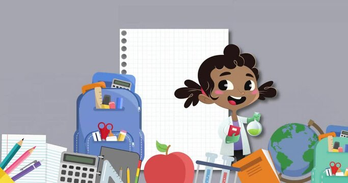 Animation of notebook with copy space over school items icons