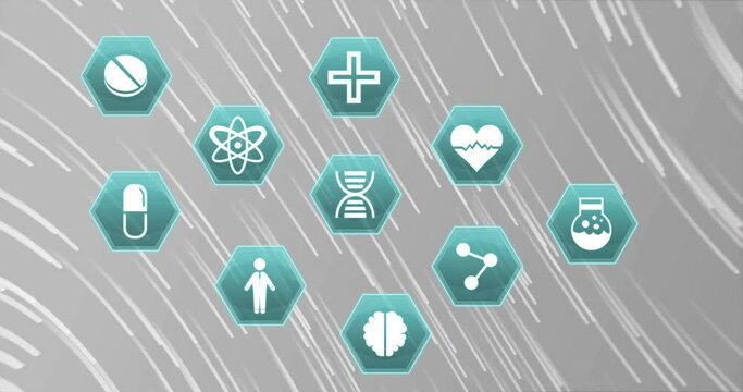 Animation of medicine icons and shapes on gray background