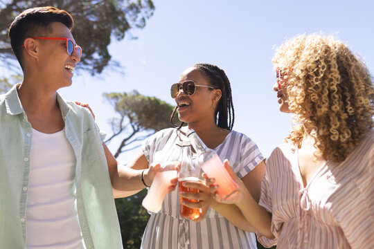 Young Asian man and diverse women enjoy a sunny outdoor gathering