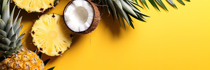 coconut and pineapple on yellow background  - obrazy, fototapety, plakaty