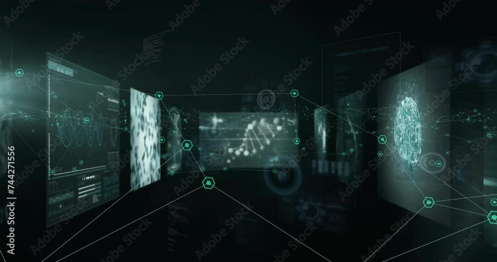 Poster animation of screens with data processing over dark background