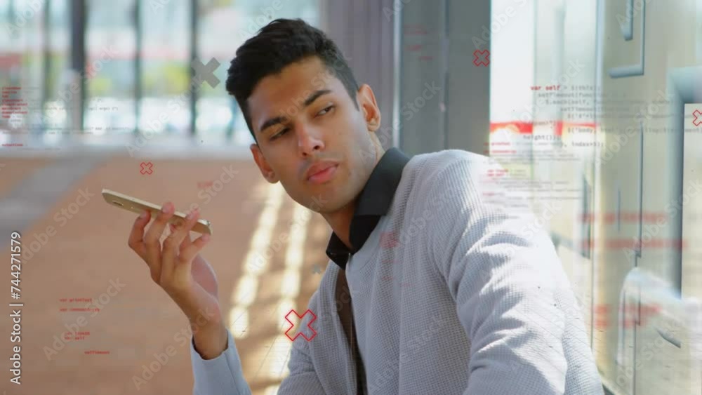 Poster animation of data processing over biracial man using smartphone