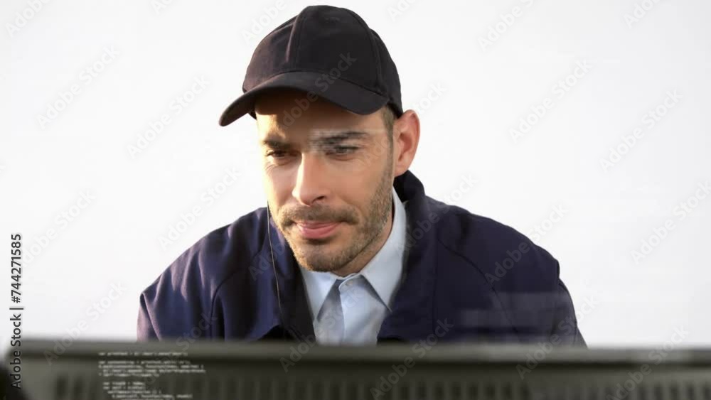 Poster animation of data processing over caucasian security man using computer
