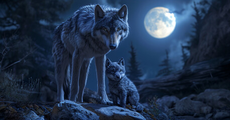 Powerful mother wolf sitting on a rock and protecting her baby at midnight on a full moon...