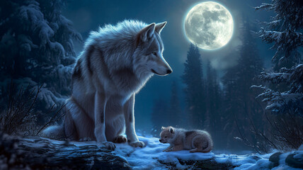 Powerful mother wolf sitting on a rock and protecting her baby at midnight on a full moon background. Power of motherhood concept. Free wild animals in night forest - obrazy, fototapety, plakaty