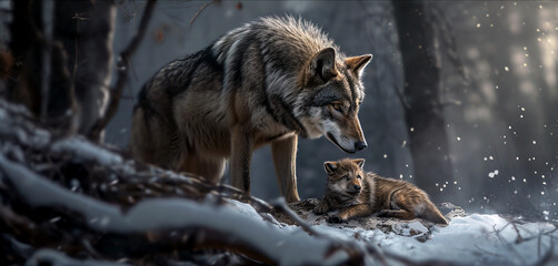 Portrait of a mother wolf and her baby on forest background. Power of motherhood and care concept. Free wild animals - obrazy, fototapety, plakaty