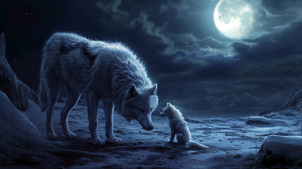 Powerful mother wolf sitting on a rock and protecting her baby at midnight on a full moon background. Power of motherhood concept. Free wild animals in night forest - obrazy, fototapety, plakaty