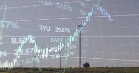 Animation of financial data processing over wind turbines - Powered by Adobe