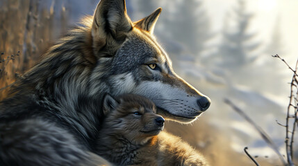 Portrait of a mother wolf and her baby on forest background. Power of motherhood and care concept. Free wild animals © grethental
