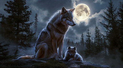Powerful mother wolf sitting on a rock and protecting her baby at midnight on a full moon background. Power of motherhood concept. Free wild animals in night forest © grethental