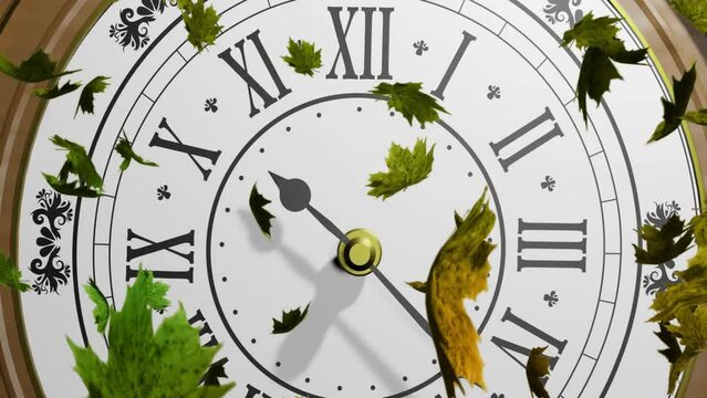 Animation of autumn leaves falling over clock