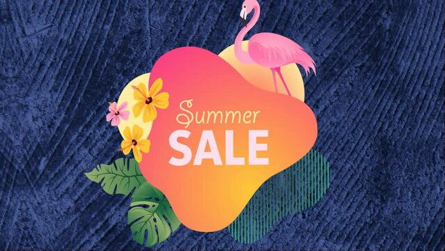 Animation of summer sale text over flamingo and leaves over blue patterned background