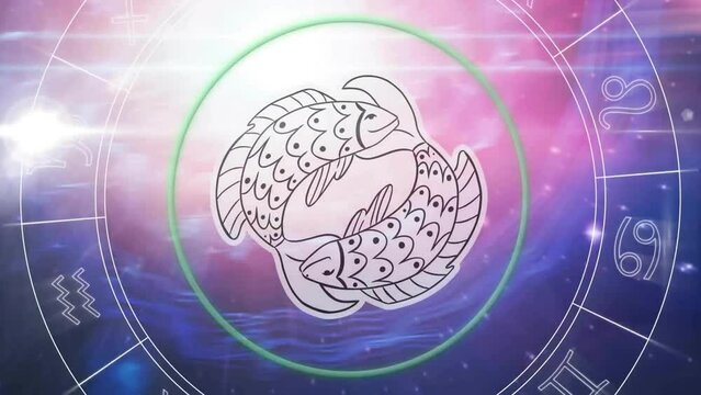 Animation of pisces zodiac sign with horoscope wheel on purple background