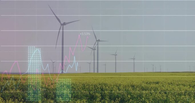 Animation of financial data processing over wind turbines