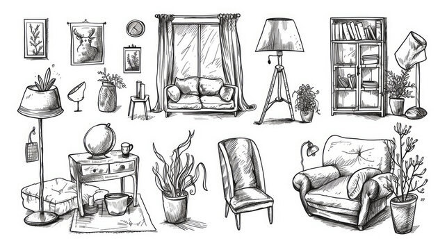 Set of Interior Objects in Hand-Drawn Doodle Style - Collection of Sketchy Household Items - Hand-Drawn Interior Doodles Cozy and Charming Designs