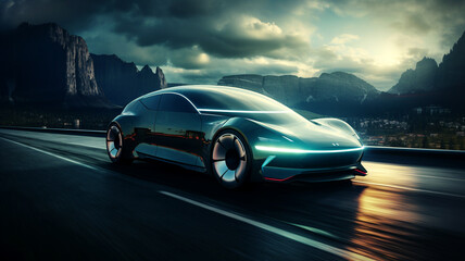 Futuristic modern shiny black sportscar on a road. New racing car concept