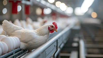 White hen sits on conveyor belt with eggs. Modern automated egg production line. Chicken factory, perspective view