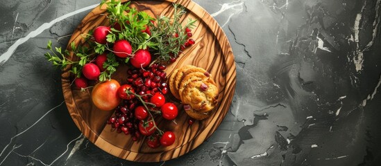A wooden plate adorned with various fruits and vegetables, creating an appealing interior decor element.