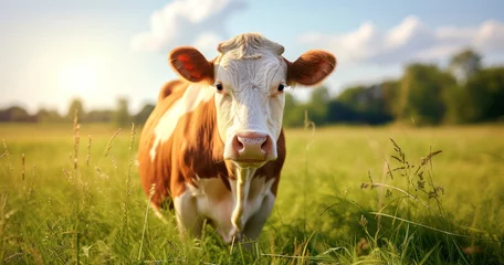 Crédence de cuisine en verre imprimé Couleur miel The Idyllic Image of a Flawless Cow Grazing in a Verdant Field