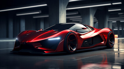Futuristic modern shiny res sportscar concept. New racing car in garage