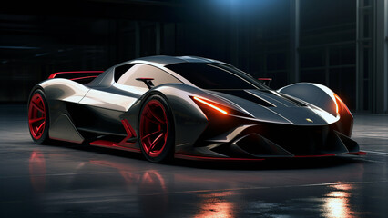 Futuristic modern shiny sportscar concept. New racing car in garage