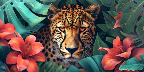 Close-up portrait of Leopard in tropical flowers and leaves. Picturesque portrait of Cheetah . Digital illustration
