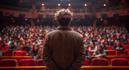 A solitary figure in a brown jacket stands amidst a sea of vibrant red, his eyes fixed upon the eager audience in the grand auditorium