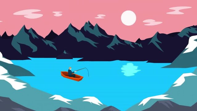 Animation of man fishing on boat over mountains