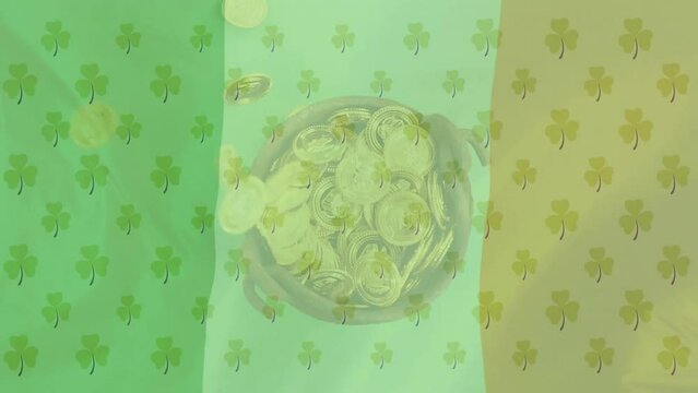 Animation of shamrocks over flag of ireland and coins