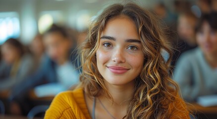A radiant woman exudes confidence and warmth as she gazes directly into the camera, her perfectly arched eyebrows and layered brown hair framing her genuine smile, dressed in stylish clothing against - obrazy, fototapety, plakaty