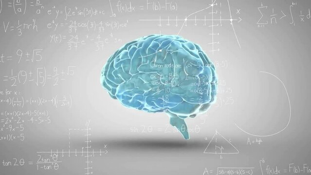 Animation of spinning brain over mathematical equations