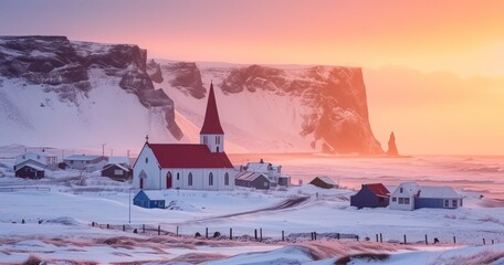 Sunset Casting a Warm Glow Over a Serene Village, Church, and Snowy Cliffs by the Sea - obrazy, fototapety, plakaty