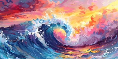 Colorful Ocean Wave. Sea water in crest shape. Sunset light and on background.