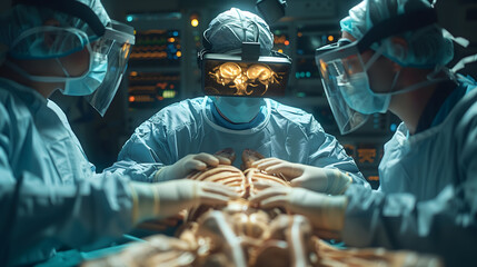 Doctors in a surgery using virtual reality glasses, new technologies in health