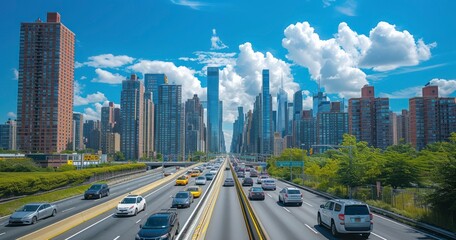 Obraz premium The Bustling Roads of the City with Cars and Towering Buildings on a Sunlit Day